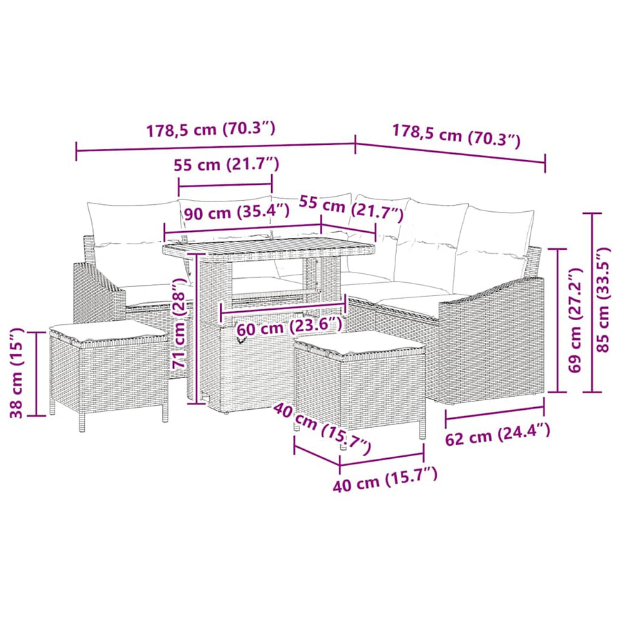 Tuinbankenset met kussen 8 pcs Zwart poly rattan