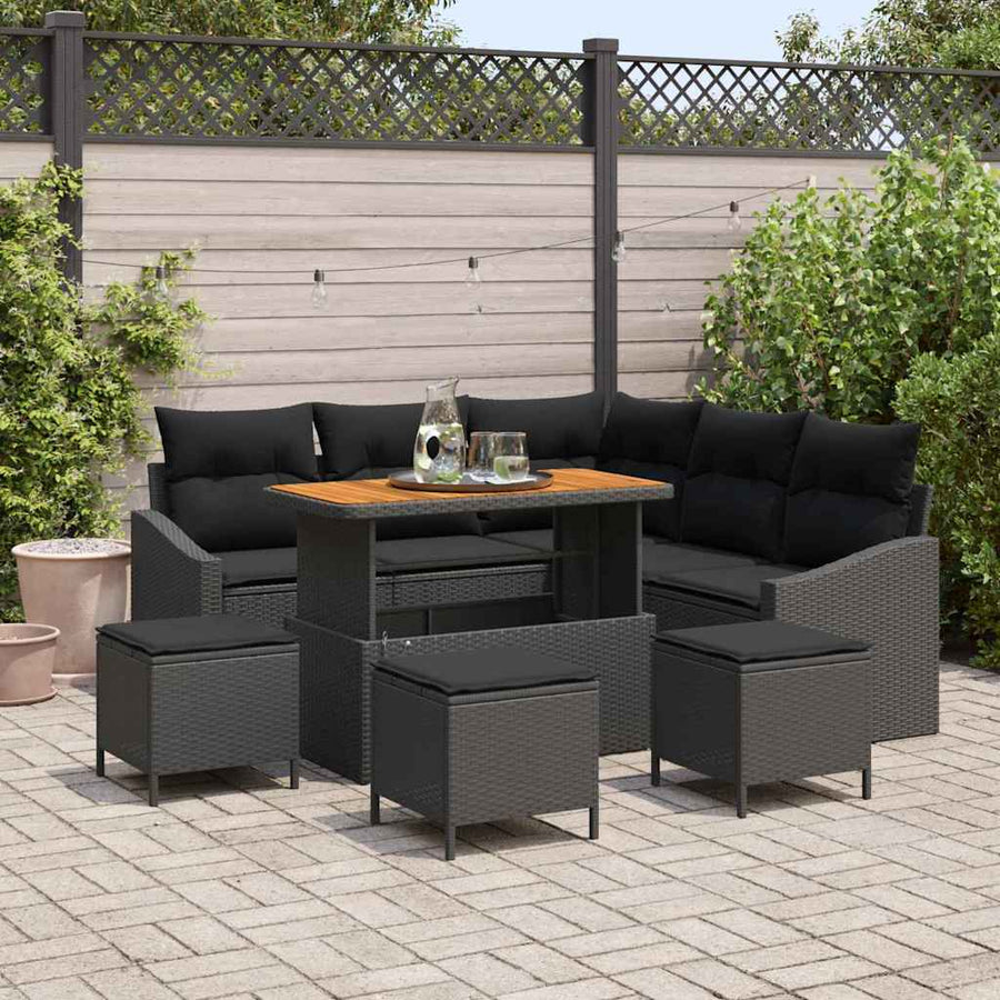 Tuinbankenset met kussen 9 pcs Zwart poly rattan
