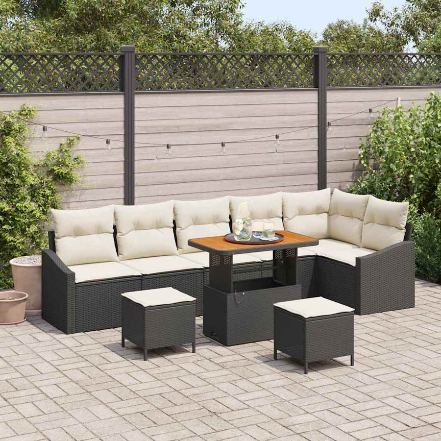Tuinbankenset met kussen 9 pcs Zwart poly rattan