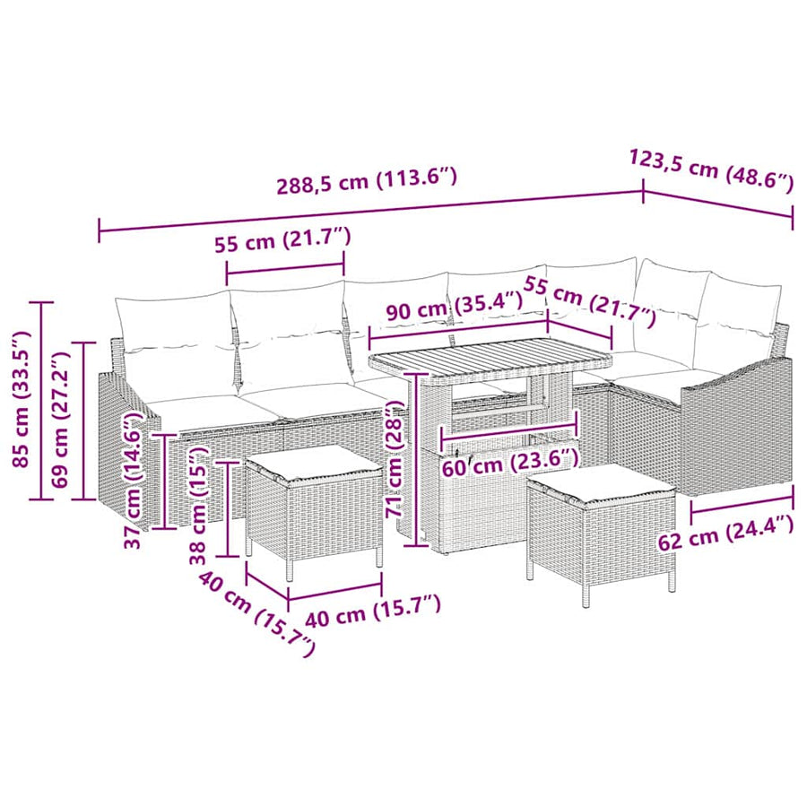 Tuinbankenset met kussen 9 pcs Zwart poly rattan