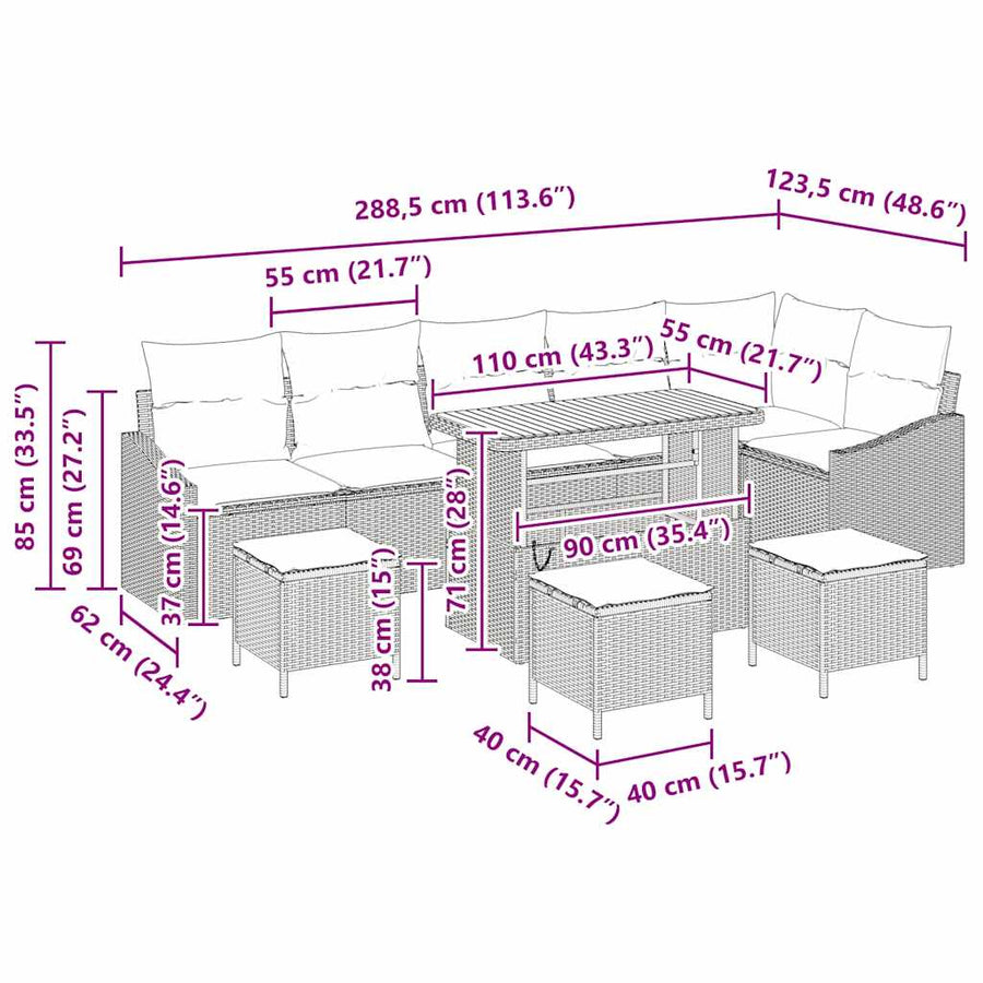 Tuinbankenset met kussen 10 pcs Beige poly rattan