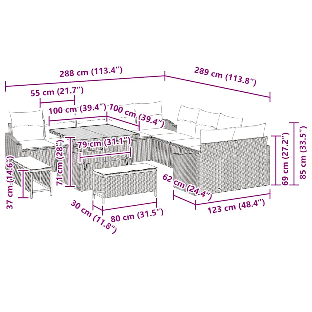Tuinbankenset met kussen 13 pcs Beige poly rattan