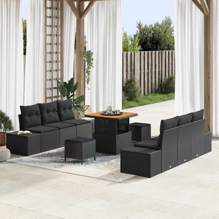 Tuinbankenset met kussen 9 pcs Zwart poly rattan