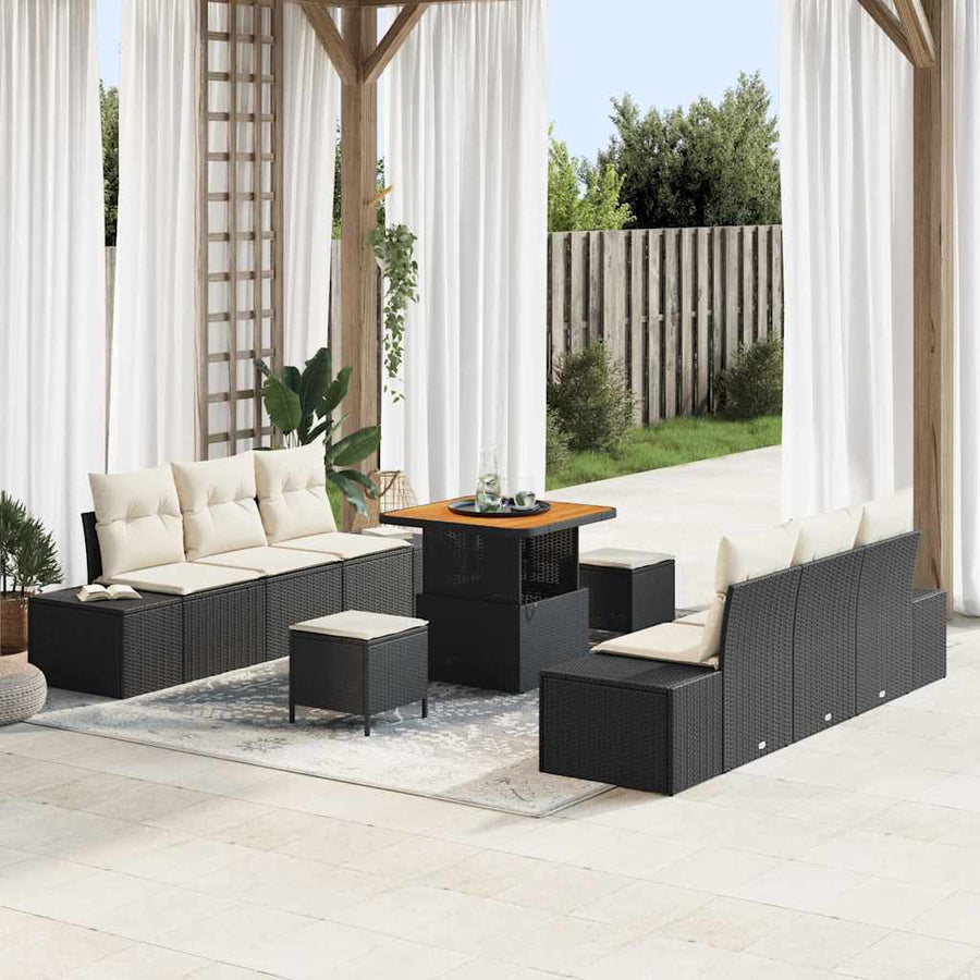 Tuinbankenset met kussen 9 pcs Zwart poly rattan