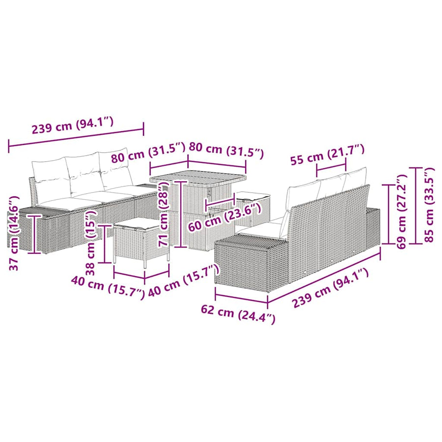 Tuinbankenset met kussen 9 pcs Grijs poly rattan