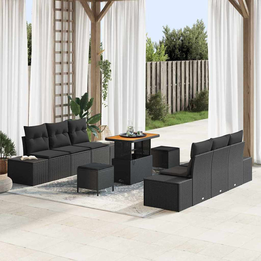 Tuinbankenset met kussen 9 pcs Zwart poly rattan