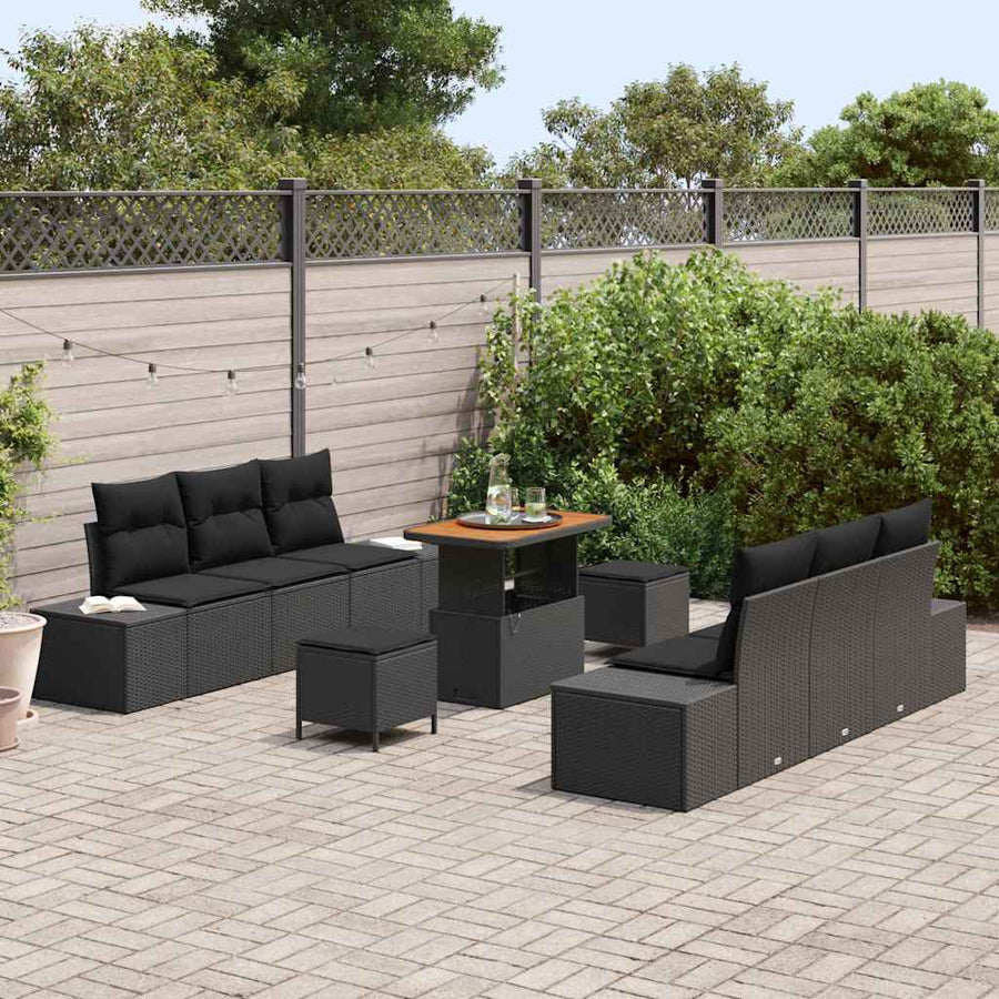 Tuinbankenset met kussen 9 pcs Zwart poly rattan