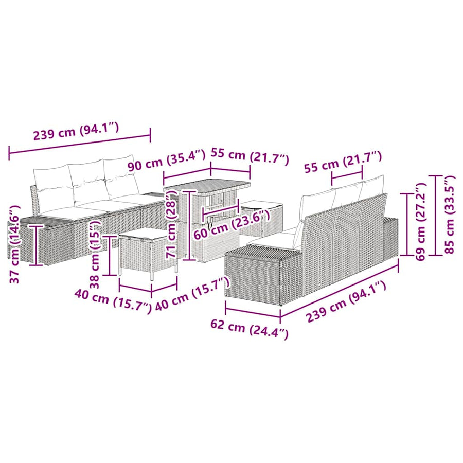 Tuinbankenset met kussen 9 pcs Zwart poly rattan