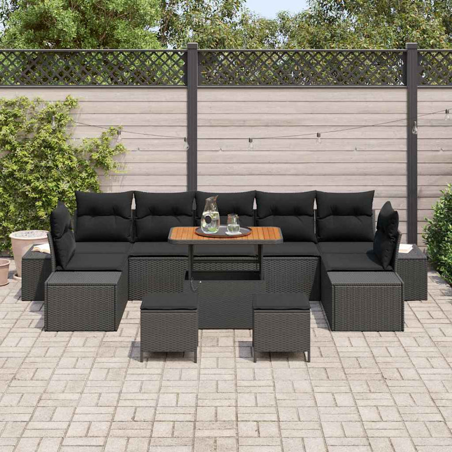 Tuinbankenset met kussen 10 pcs Zwart poly rattan