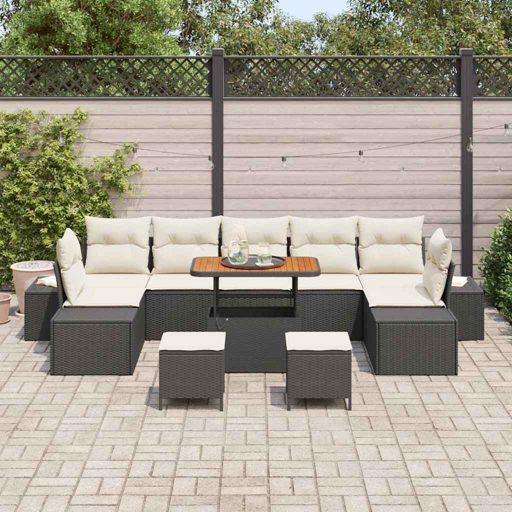 Tuinbankenset met kussen 10 pcs Zwart poly rattan