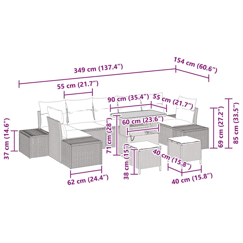 Tuinbankenset met kussen 10 pcs Zwart poly rattan