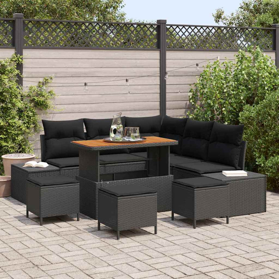 Tuinbankenset met kussen 9 pcs Zwart poly rattan