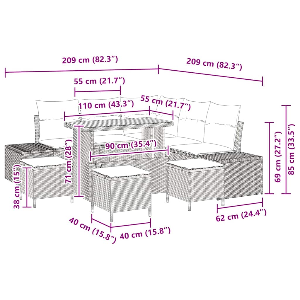 Tuinbankenset met kussen 9 pcs Zwart poly rattan