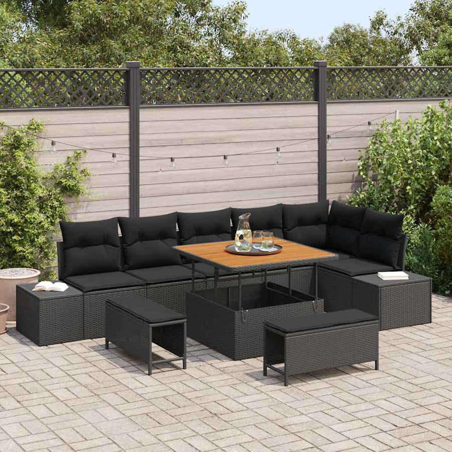 Tuinbankenset met kussen 9 pcs Zwart poly rattan