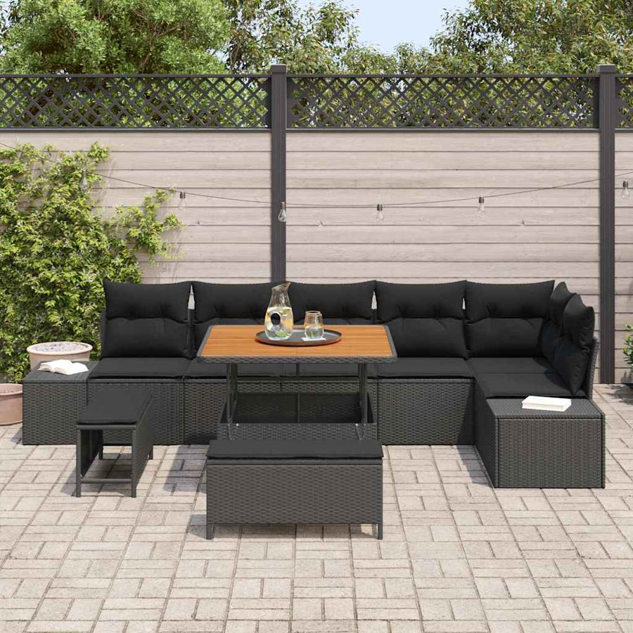 Tuinbankenset met kussen 9 pcs Zwart poly rattan