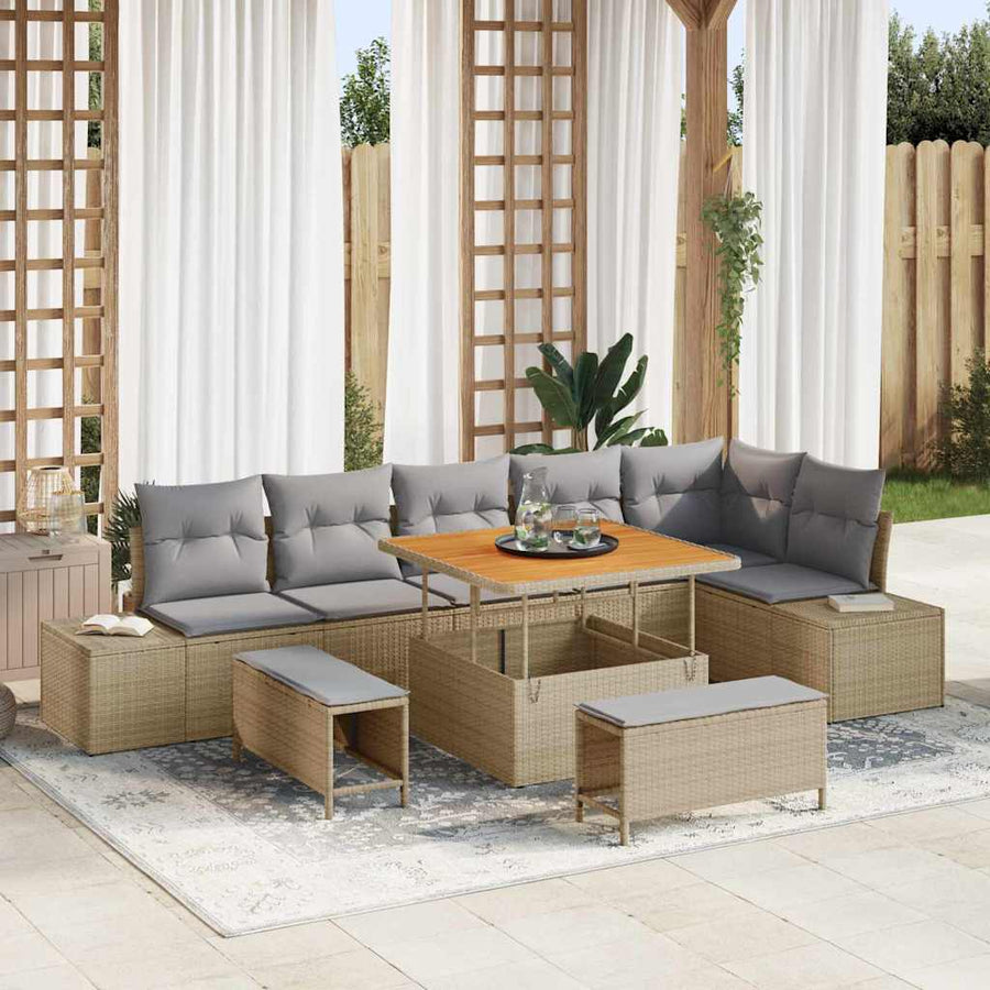 Tuinbankenset met kussen 9 pcs Beige poly rattan