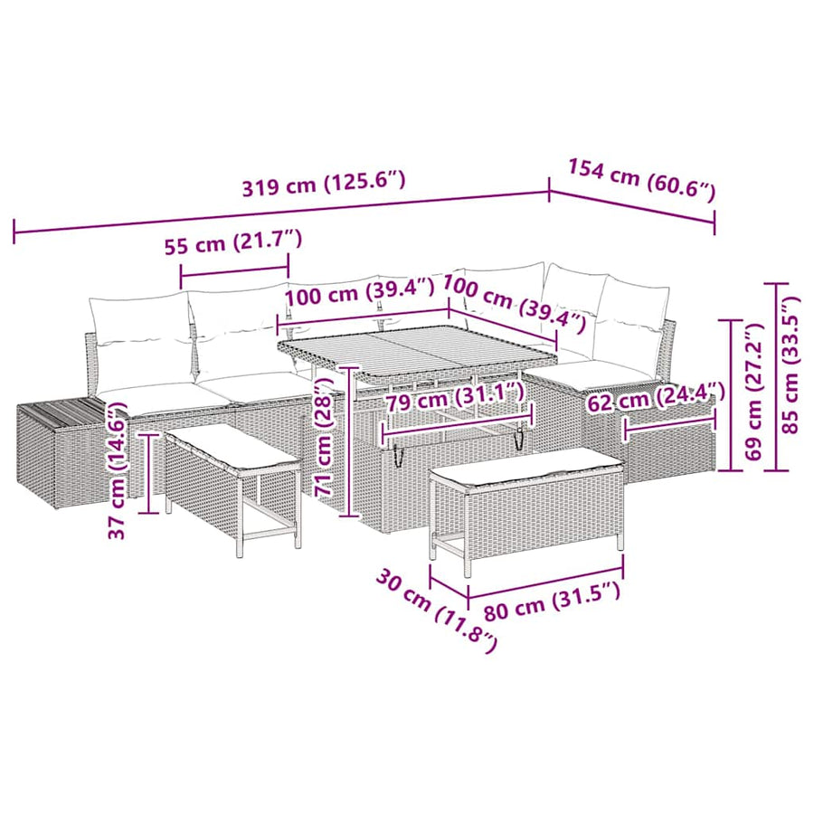 Tuinbankenset met kussen 9 pcs Grijs poly rattan