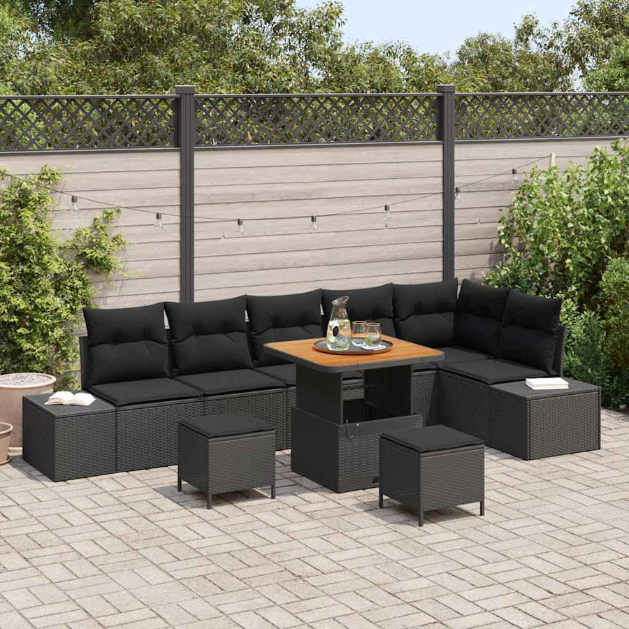 Tuinbankenset met kussen 9 pcs Zwart poly rattan
