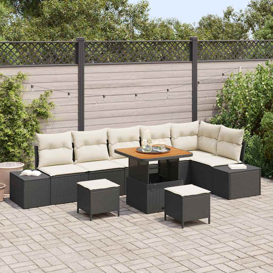 Tuinbankenset met kussen 9 pcs Zwart poly rattan