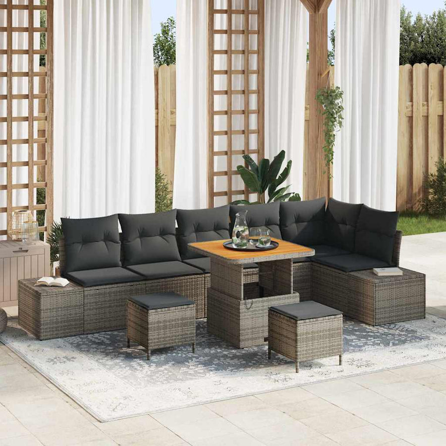 Tuinbankenset met kussen 9 pcs Grijs poly rattan