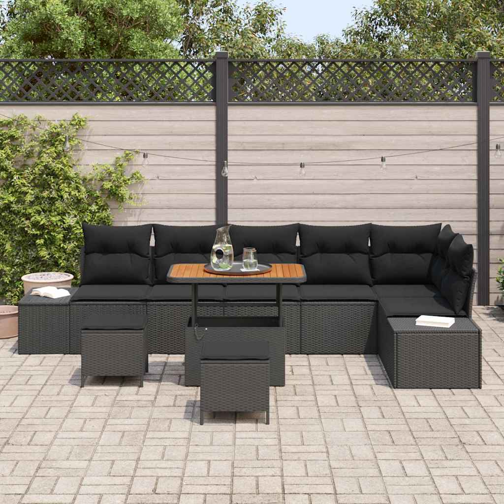 Tuinbankenset met kussen 9 pcs Zwart poly rattan