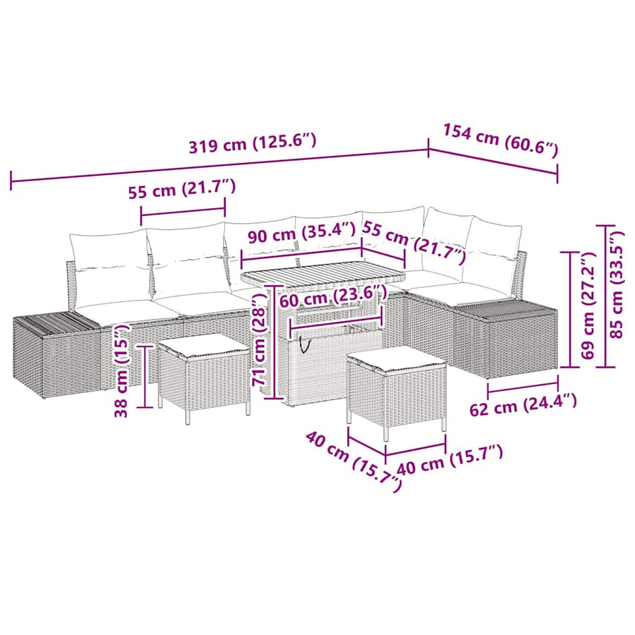 Tuinbankenset met kussen 9 pcs Zwart poly rattan