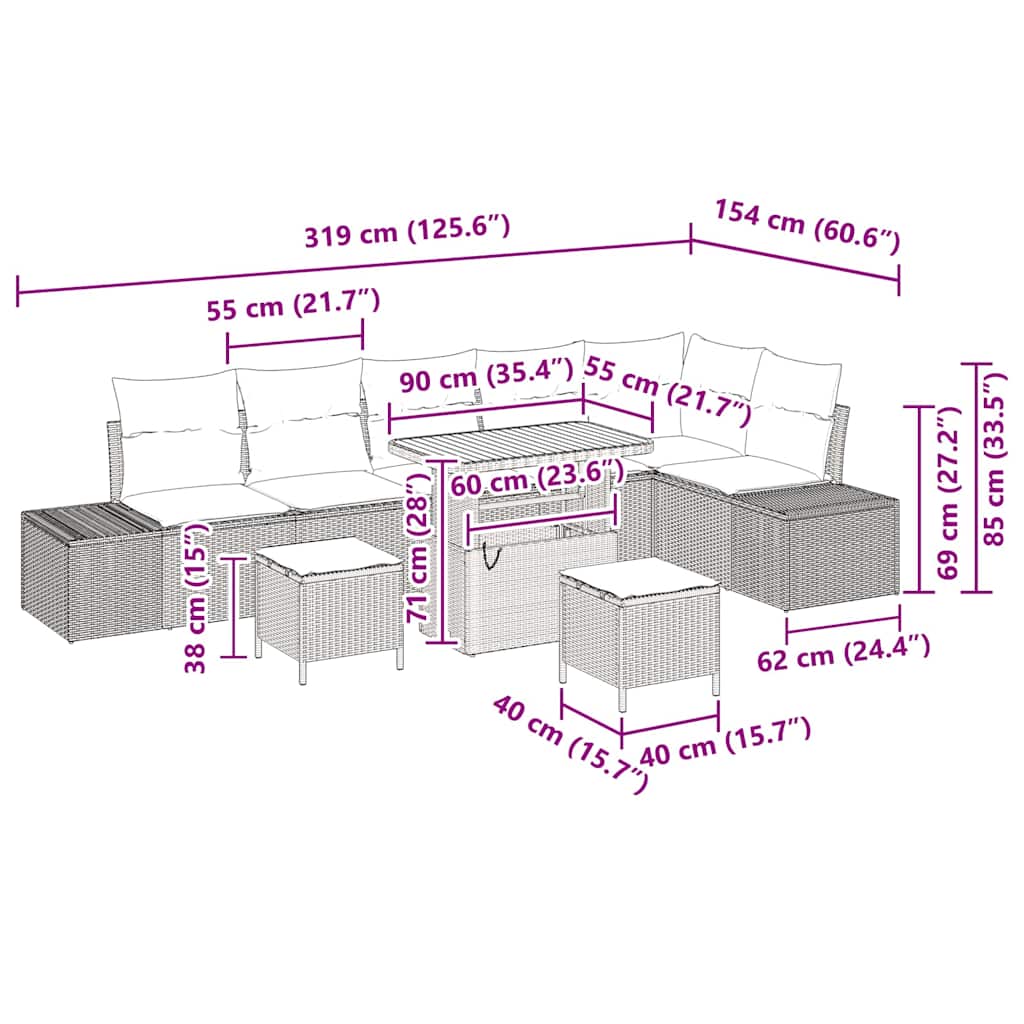 Tuinbankenset met kussen 9 pcs Zwart poly rattan