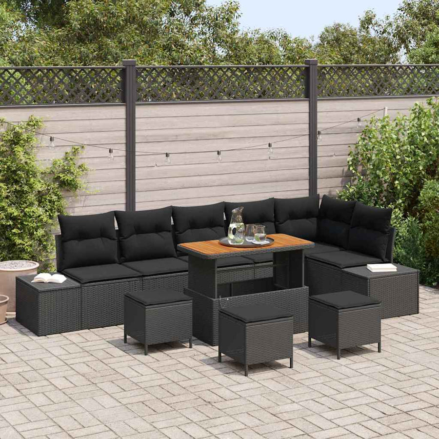 Tuinbankenset met kussen 10 pcs Zwart poly rattan