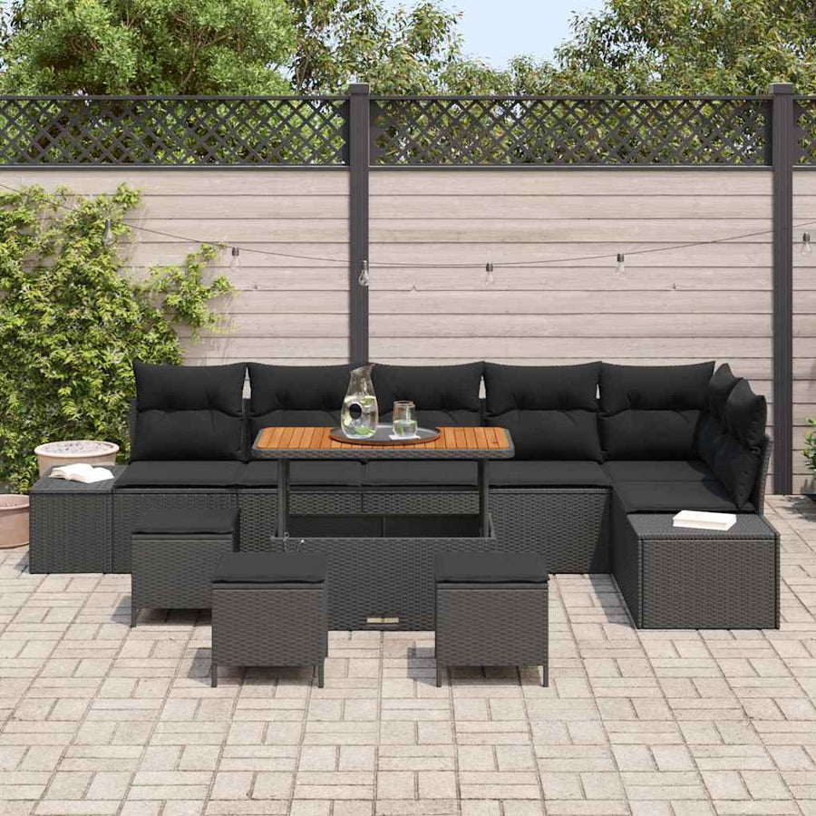 Tuinbankenset met kussen 10 pcs Zwart poly rattan