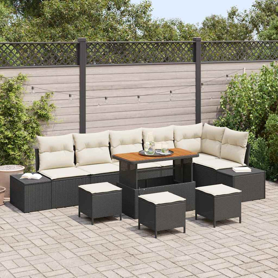 Tuinbankenset met kussen 10 pcs Zwart poly rattan