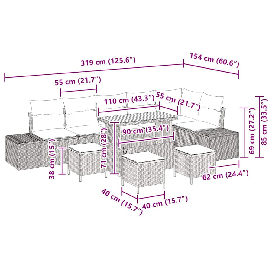 Tuinbankenset met kussen 10 pcs Grijs poly rattan