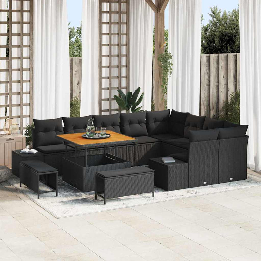 Tuinbankenset met kussen 12 pcs Zwart poly rattan