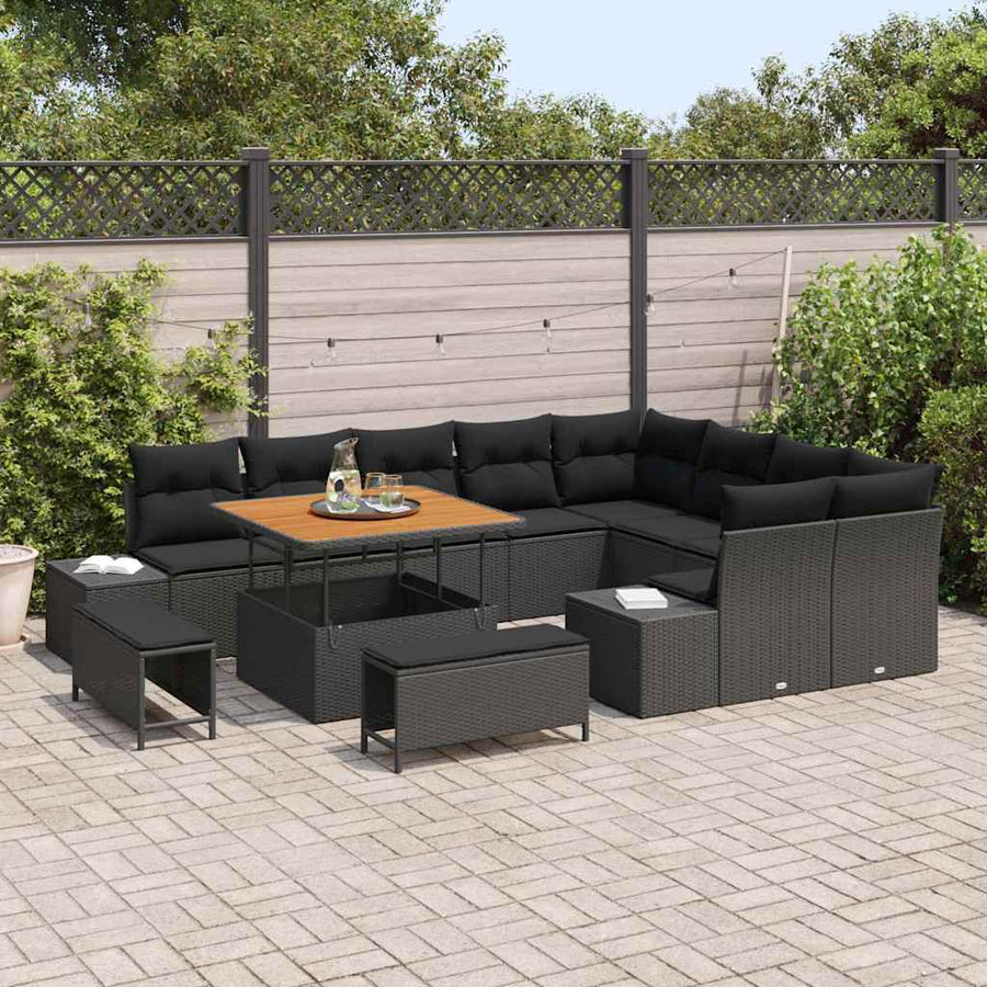 Tuinbankenset met kussen 12 pcs Zwart poly rattan