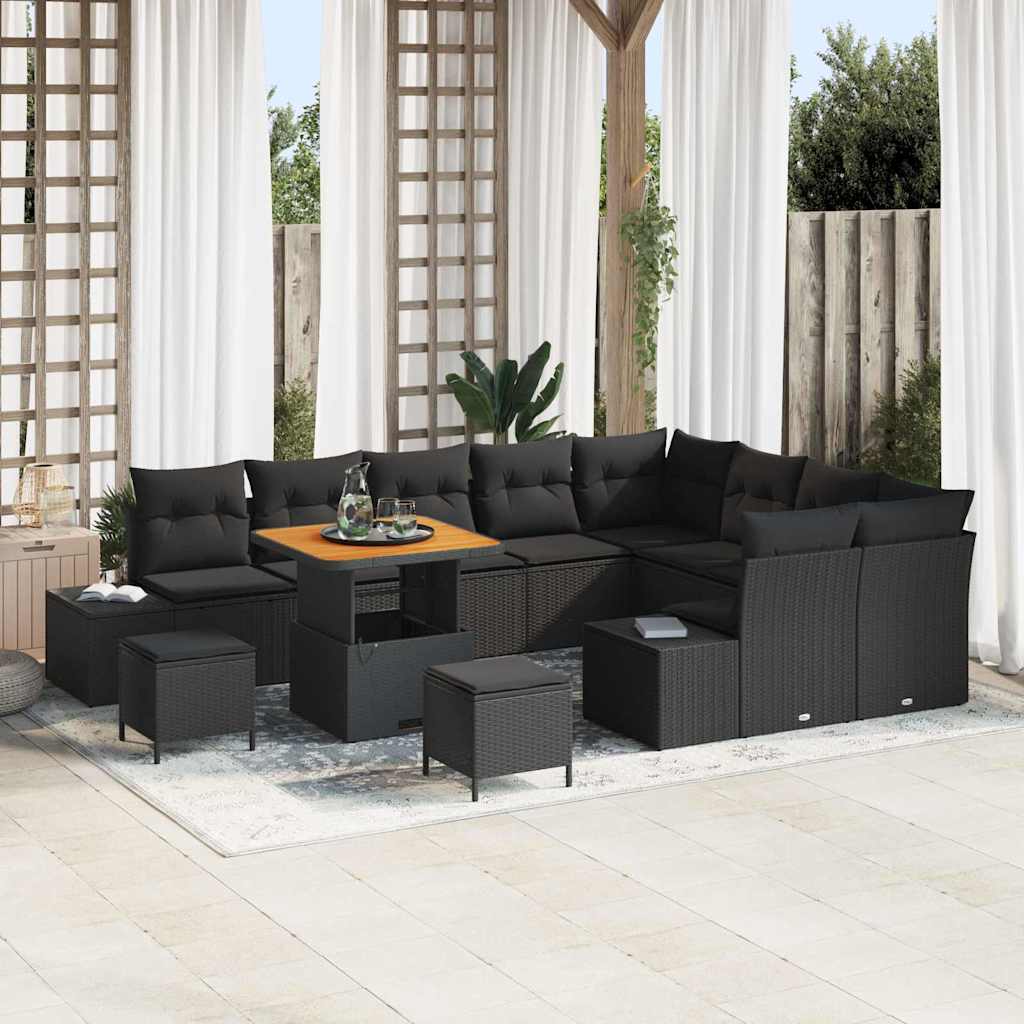 Tuinbankenset met kussen 12 pcs Zwart poly rattan