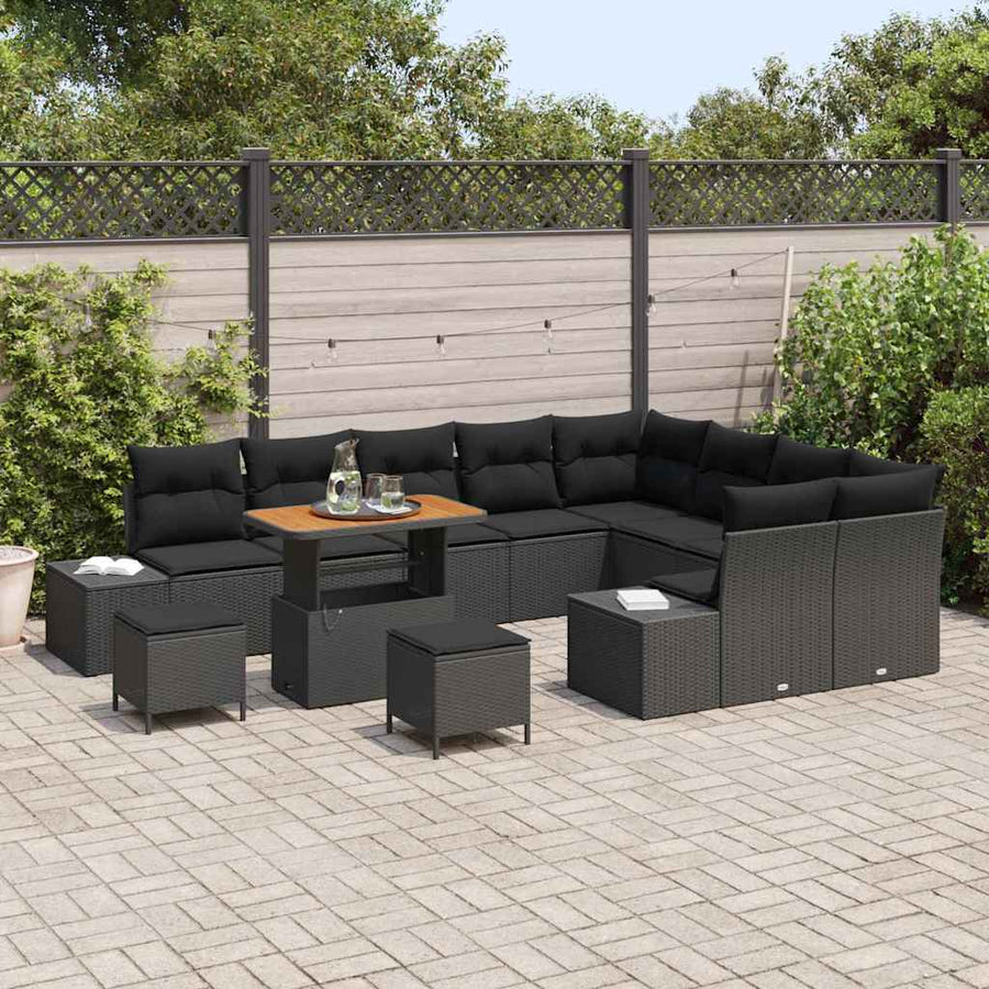 Tuinbankenset met kussen 12 pcs Zwart poly rattan