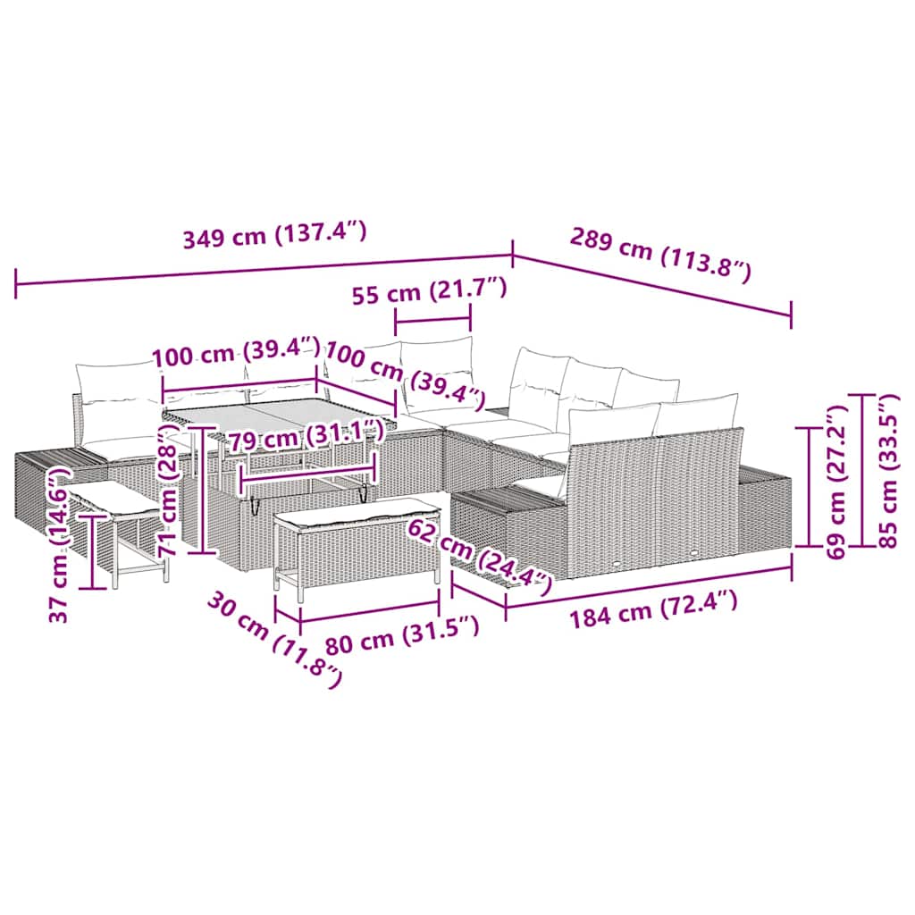 Tuinbankenset met kussen 13 pcs Zwart poly rattan