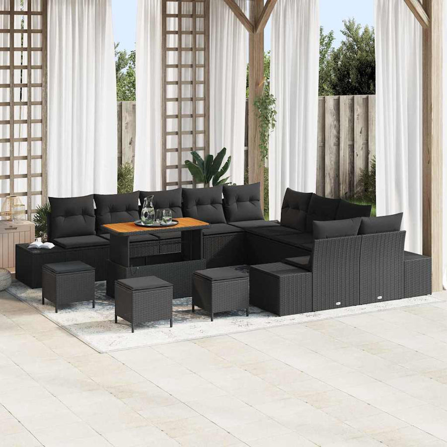 Tuinbankenset met kussen 14 pcs Zwart poly rattan