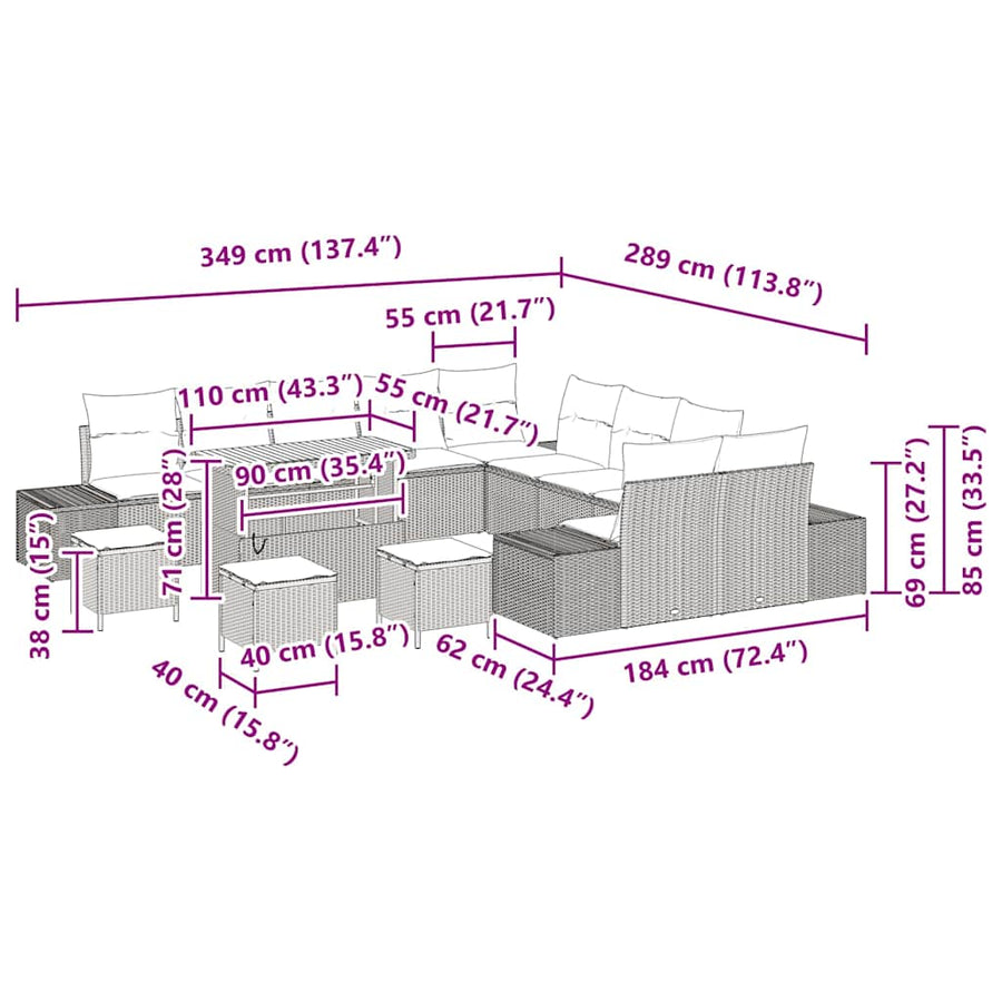Tuinbankenset met kussen 14 pcs Zwart poly rattan