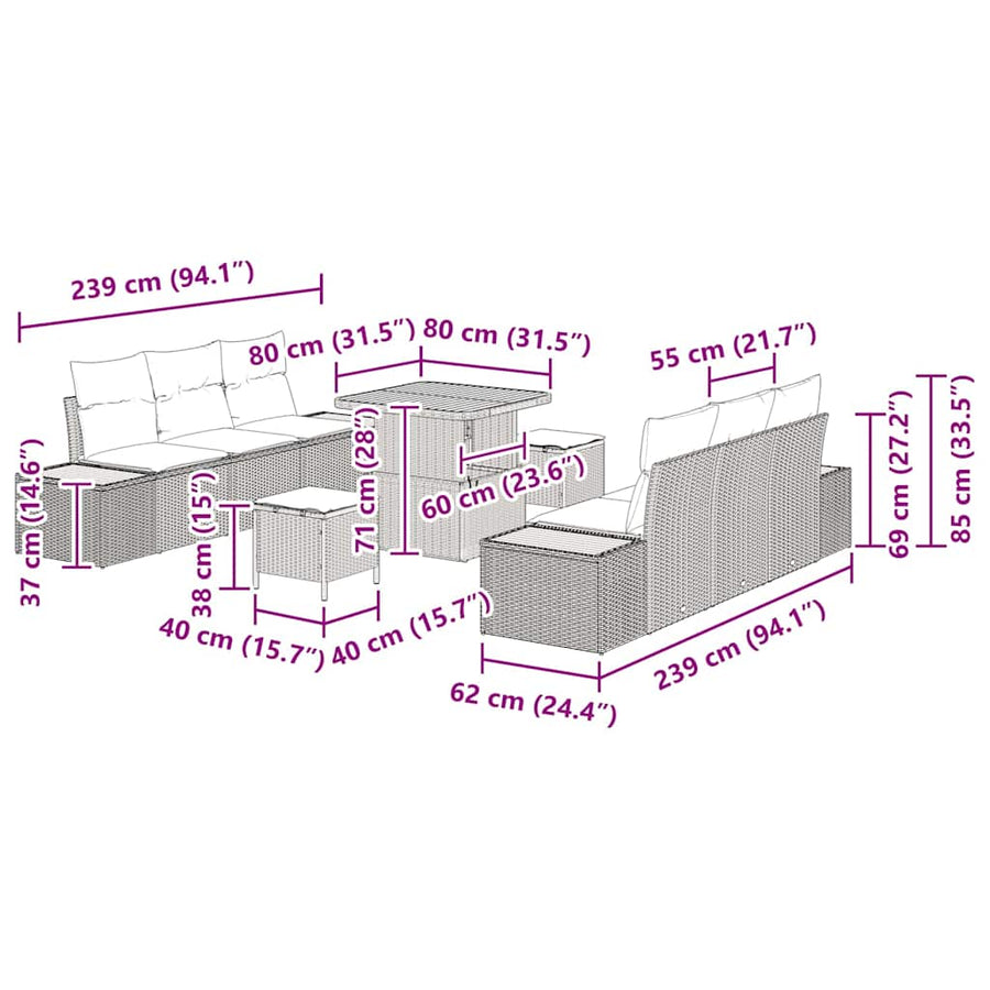 Tuinbankenset 9 pcs Grijs poly rattan