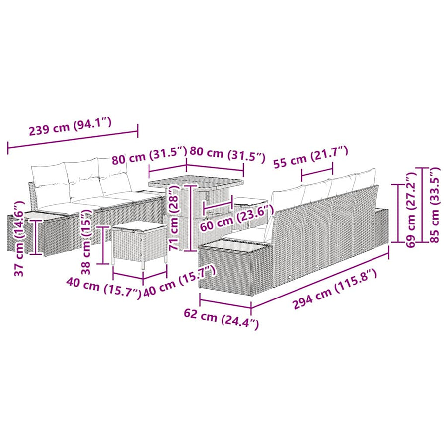 Tuinbankenset 10 pcs Grijs poly rattan