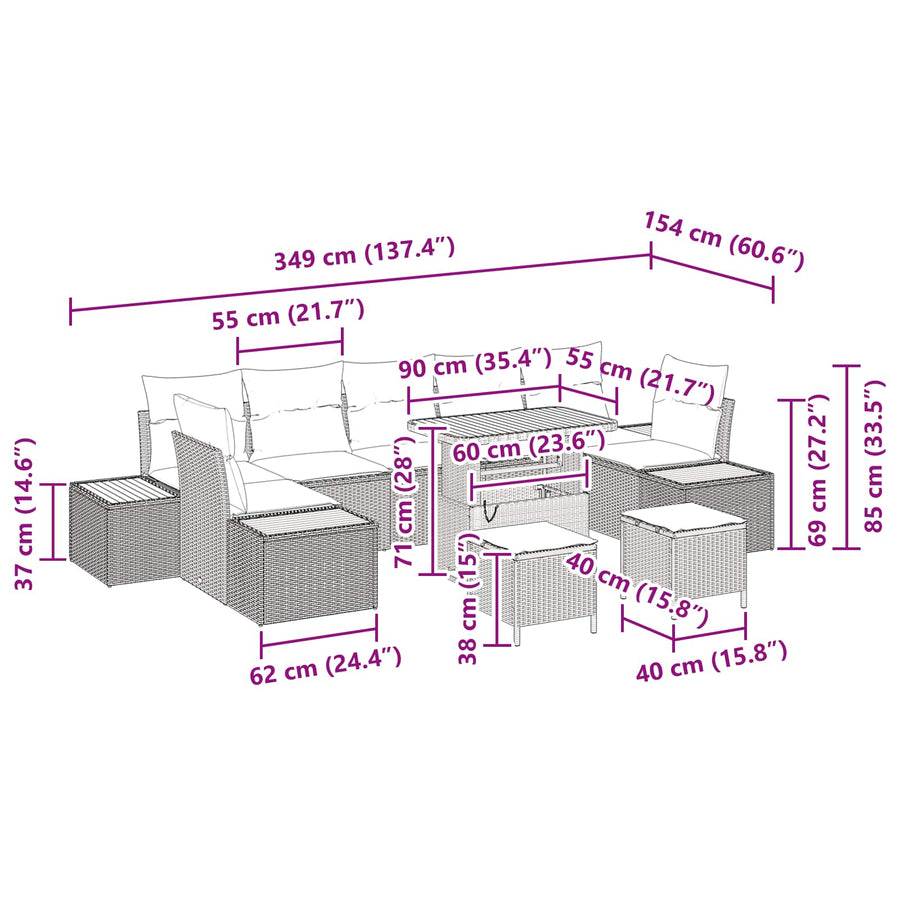 Tuinbankenset 10 pcs Zwart poly rattan