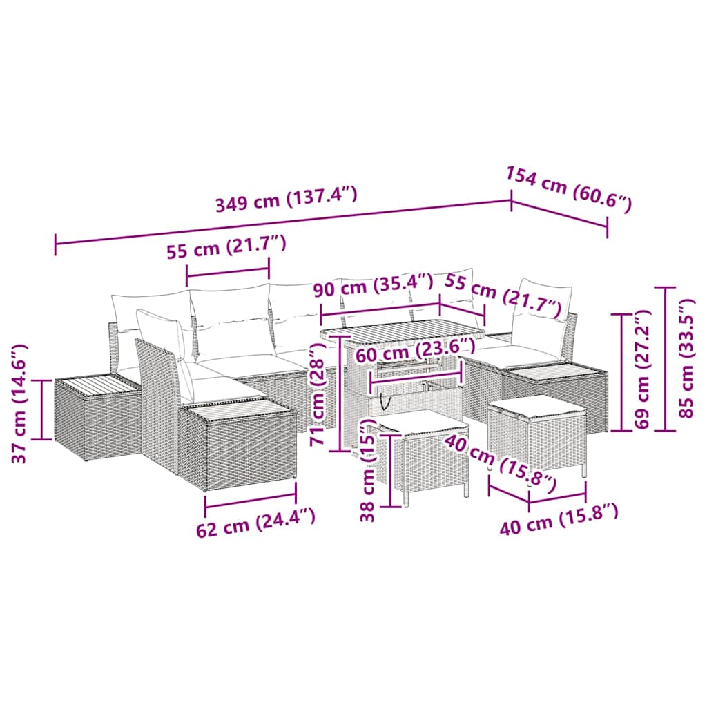 Tuinbankenset 10 pcs Zwart poly rattan