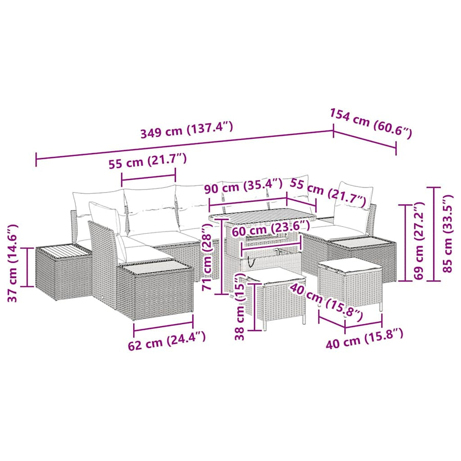 Tuinbankenset 10 pcs Zwart poly rattan