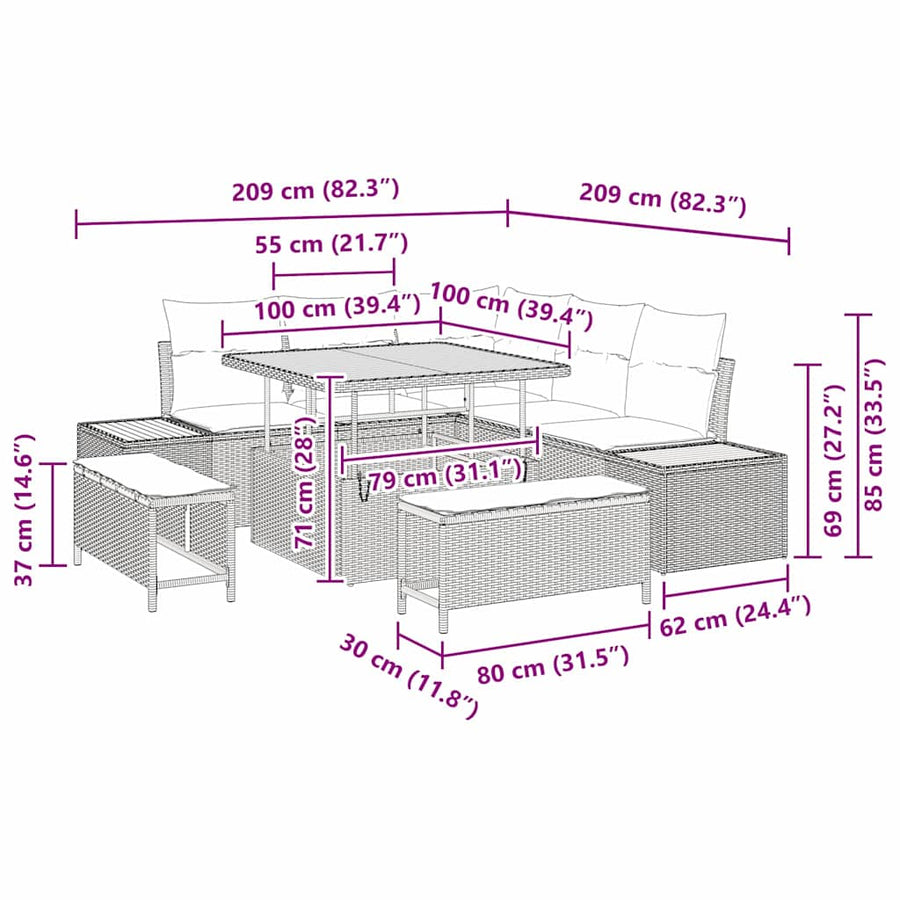 Tuinbankenset 8 pcs Zwart poly rattan