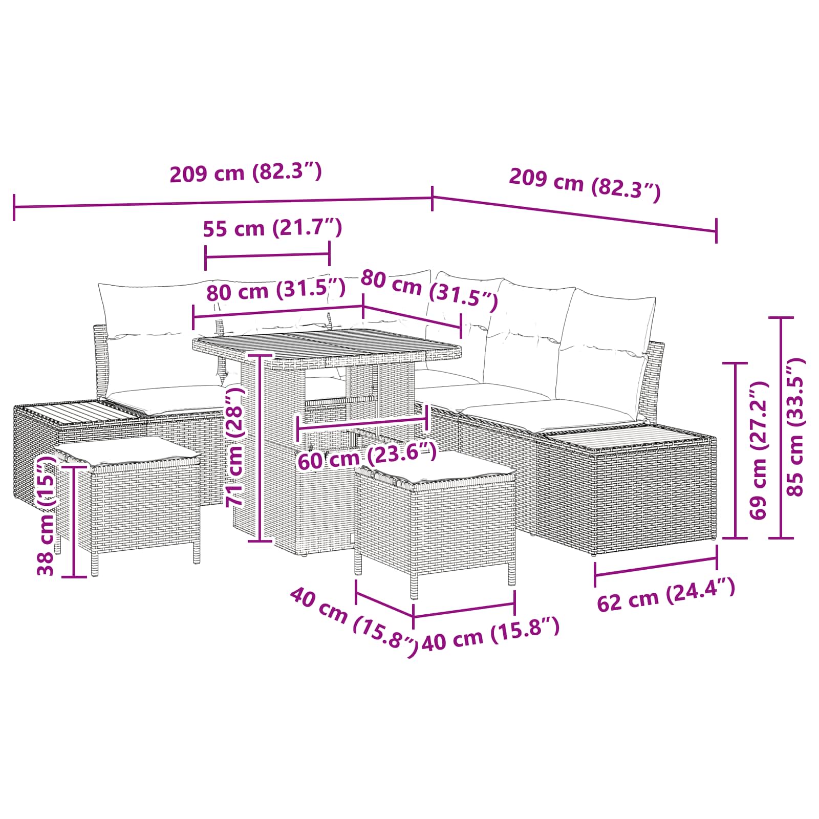 Tuinbankenset 8 pcs Zwart poly rattan