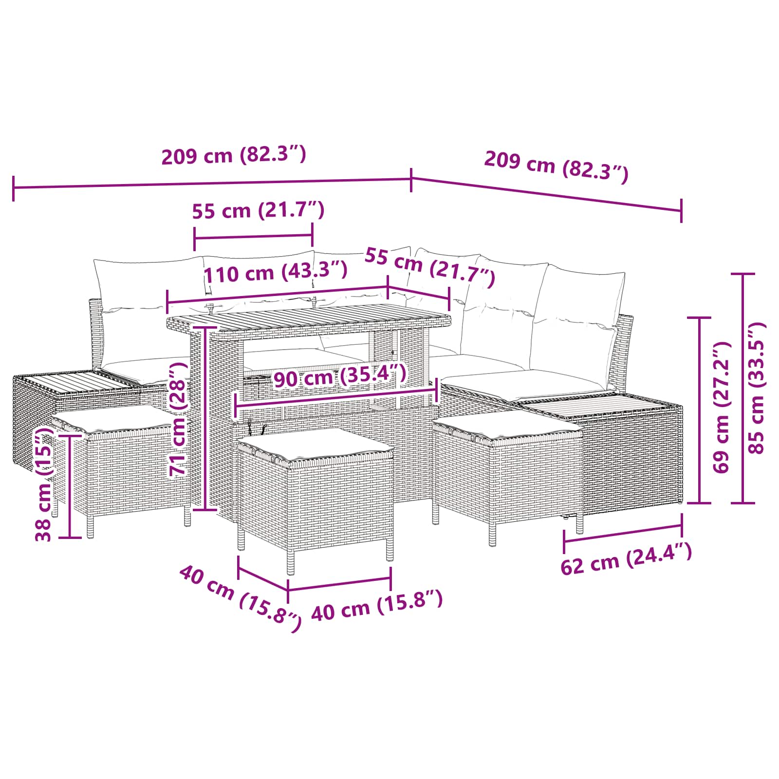 Tuinbankenset 9 pcs Zwart poly rattan