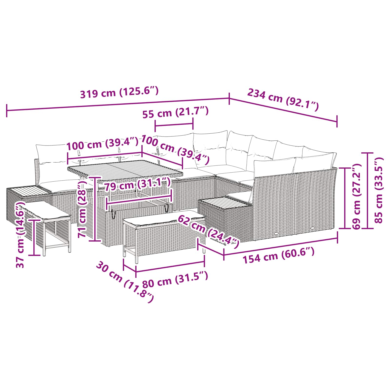 Tuinbankenset 12 pcs Zwart poly rattan