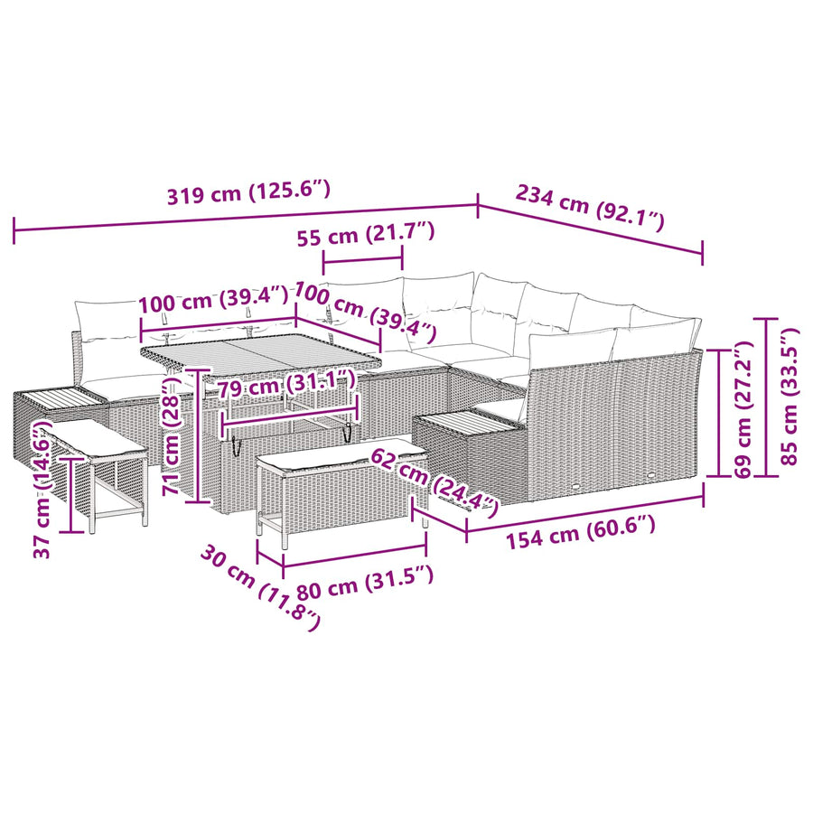 Tuinbankenset 12 pcs Zwart poly rattan