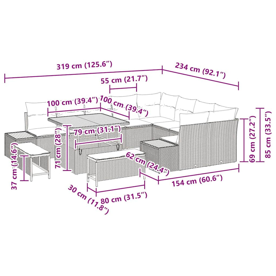 Tuinbankenset 12 pcs Zwart poly rattan