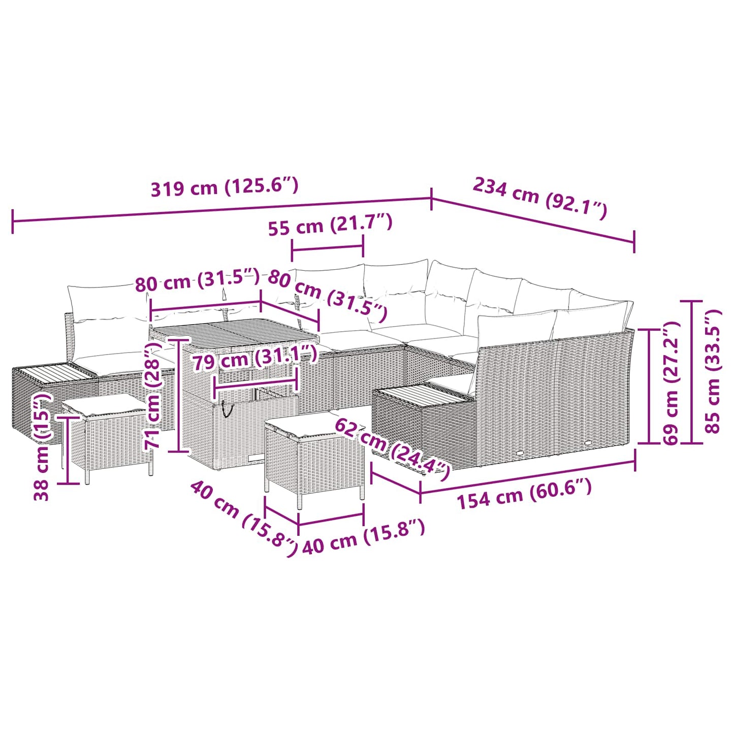 Tuinbankenset 12 pcs Zwart poly rattan